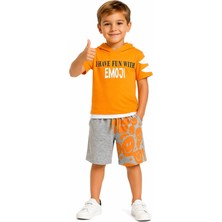 Selfie Kids Erkek Çocuk Emoji Yazılı Smile Desenli Kapüşonlu Turuncu Renk Şortlu Takım