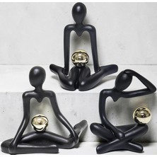 Elifeshop Modern Soyut 3’lü Düşünür Heykel Seti Siyah Reçine Biblo Ev Ofis Dekorasyon Masa Süsü