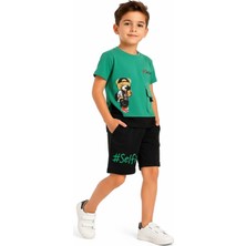 Barkod Kids Erkek Çocuk Ayıcık Desenli Tişört Şortlu Yeşil Renk İkili Takım