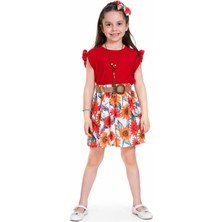 İrem Çocuk Giyim Kız Çocuk Bluzu Fırfırlı Eteği Kemerli Çiçek Desenli Kolyeli Kırmızı Renk İkili Takım