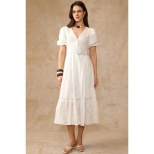 Olcay V Yaka Kemer Aksesuarlı Güpür Elbise Ekru 9459-E