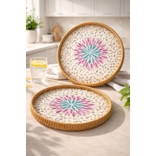 2'li El Yapımı Doğal Rattan Tepsi Sedef Desenli Yuvarlak Sunum Tepsisi 30-33 cm Pembe