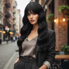 Beei Daalı Perçemli Fiber Sen Orta Boy Peruk / Siyah