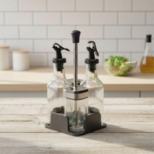 Dörtlü Baharatlık ve Yağlık Sirkelik Seti | Stantlı Tuzluk, Karabiberlik, Zeytinyağlık ve Sirkelik Takımı | Masaüstü Mutfak Seti 2 Adet 200 ml Yağlık, 2 Adet 100 ml Tuzluk Karabiberlik