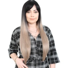 Beei Fiber Sen Uzun Düz Kahküllü Peruk / Siyah / Küllü Bebek Sarı Ombreli