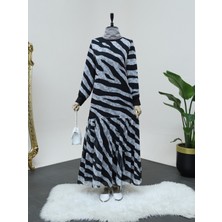Moda Morfo Zebra Desen Eteği Parçalı Astarlı Şifon Elbise -Siyah