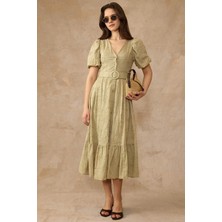 Olcay V Yaka Kemer Aksesuarlı Güpür Elbise A.haki 9459-E