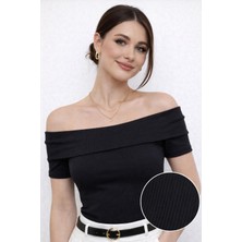 New Orginal Kadın Fitilli Madonna Yaka Esnek Bluz