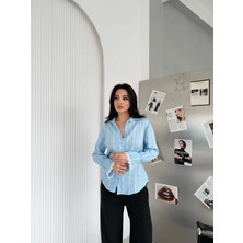 Elaxi Kadın Jakarlı Cartier Kumaş Çizgili Kol Fisto Detaylı Arkadan Bağlama  Şık Gömlek