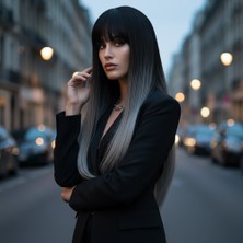 Beei Düz Perçemli Uzun Fiber Sen Peruk / Siyah / Gri Ombreli