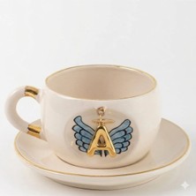 BSK Ceramics Handmade Harfli Mavi Melek Kanatlı Çay Fincanı A Harfi