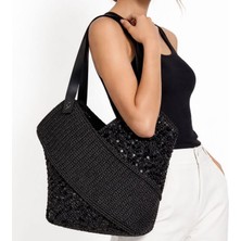 Uretti - Yıldız 7202 3305 Kağıt Ip Pullu Kadın Omuz Çantası 36X36 cm Günlük Çanta - Siyah