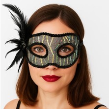 Beei Siyah Renk Yandan Tüylü Pul Payet Işlemeli Parti Maskesi 23X12 cm