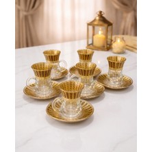 Airobazar 6’lı Altın Desenli Kulplu Çay Seti, 6 Adet Cam Bardak Seti, Ince Belli Çay Bardağı ve Tabaklı