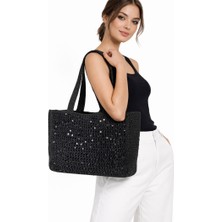 Uretti - Yıldız 7202 0408 Kağıt Ip Pullu Kadın Omuz Çantası 36X30 cm Günlük Çanta - Siyah