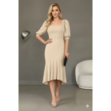 Kadın Krep Kumaş Kare Yaka Balon Kol Balık Model Midi Boy Elbise