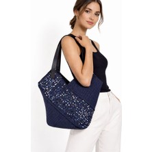 Uretti - Yıldız 7202 0257 Kağıt Ip Pullu Kadın Omuz Çantası 38X38 cm Günlük Çanta - Lacivert