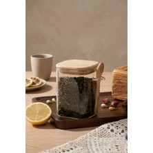 Poomy 450 ml Bambu Kapaklı Vakumlu Kaşıklı Borosilikat Cam Saklama Kabı Kavanoz