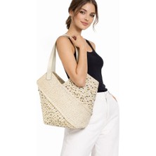 Uretti - Yıldız 7202 0334 Kağıt Ip Pullu Kadın Omuz Çantası 34X34 cm Günlük Çanta - Fil Dişi