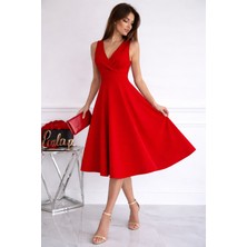 Stilvibe Kadın V Yaka Zara Krep Kumaş Midi Boy A Kesim Şık Elbise