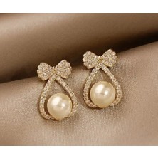 Trendy Chic Gold Fiyonk Detaylı Inci Küpe