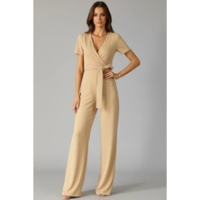 Kadın Kruvaze Yaka Kuşaklı Krep Kumaş Tulum