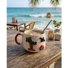 Nivra Grup 3D Kabartmalı El Işlemeli-El Yapımı Palmiye Ev Kuş Desenli Kahve Kupası Çay Kupası 190ML. Hediyelik