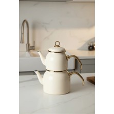 İpek Porselen Saf Beji Renk Emaye Ikili Çay Seti – Gold Detaylı