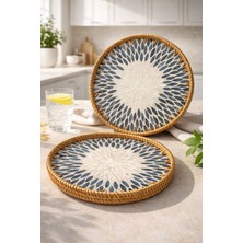 2'li El Yapımı Doğal Rattan Tepsi Sedef Desenli Yuvarlak Sunum Tepsisi 30-33 cm Siyah-Beyaz