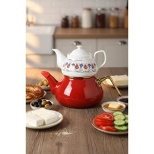 İpek Porselen Kırmızı Dik Lale Desenli Porselen Üst 650 ml – Kırmızı Emaye Alt(1,25 Lt) Çaydanlık Seti