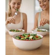 ID Fine Porselen Kırmızı File Kenar Kase Salata, Çorba ve Kahvaltılık Sunum Kasesi - 17 cm 2'li Set