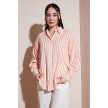 Fashion Friends Pamuklu Çizgili Oversize Uzun Kollu Gömlek Bayan Gömlek 26Y0670K1