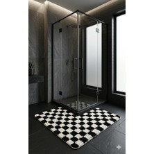 Eurobano Chess Dama Desen Duşakabin 100X100 cm Köşe Banyo Paspası Lateks Kaymaz Taban Makinede Yıkanabilirr