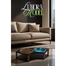 Reyo Ok-Ay Store Lunara Modern Ahşap Demonte Kedi ve Köpek Mama Standı 2'li Paslanmaz Çelik Kaseli Siyah