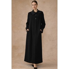 Olcay Yakası Işleme ve Saten Detaylı Astarlı Büyük Beden Pardesü Siyah 6822