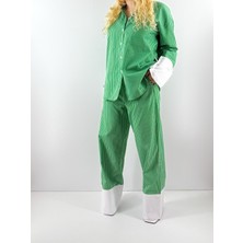 Modaonna Beyaz Çizgili Yeşil Gömlek Pantolon Takım