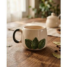 Nivra Grup 3D Kabartmalı El Işlemeli-El Yapımı 3 Yaprak Desenli Seramik Kahve Kupası Çay Kupası 190ML. Hediyelik