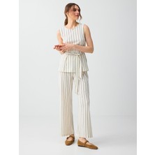 Jimmy Key Ekru Rahat Kesim Normal Bel Çizgili Uzun Pantolon