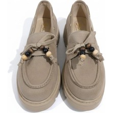 EFW Kadın Yüksek Kaymaz Taban Bej Süet Boncuklu Bağcıklı Loafer Oxford Ayakkabı