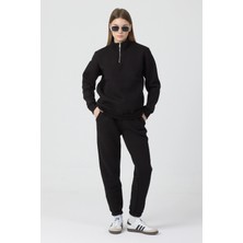 Segnante Kadın 3 Iplik Lastikli Fermuar Dik Yaka Siyah Eşofman Takımı