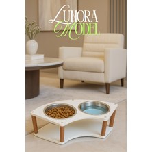 Reyo Ok-Ay Store Lunara Modern Ahşap Demonte Kedi ve Köpek Mama Standı 2'li Paslanmaz Çelik Kaseli Beyaz