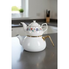 İpek Porselen Kırmızı Yan Lale Desenli Porselen Üst 650 ml – Beyaz Emaye Alt(1,25 Lt) Çaydanlık Seti