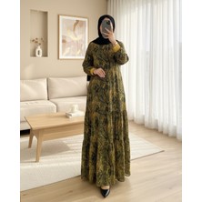 Moda Morfo Etnik Desen Eteği Parçalı Astarlı Şifon Elbise   -Yağ Yeşili