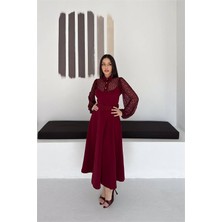 Neşeli Butik Kadın Bordo Gömlek Yaka Transparan Üst Detaylı Kemerli Midi Boy Elbise NBK4581
