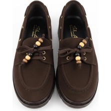EFW Kadın Yüksek Kaymaz Taban Kahve Süet Boncuklu Bağcıklı Loafer Oxford Ayakkabı