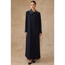 Olcay Yakası Işleme ve Saten Detaylı Astarlı Büyük Beden Pardesü Lacivert 6822