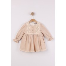 Joy Kids Kız Bebek %100 Pamuk Dantel Detaylı Müslin Elbise (9-24AY) (Krem)