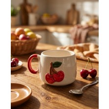 Nivra Grup 3D Kabartmalı El Işlemeli-El Yapımı Kiraz Desenli Seramik Kahve Kupası Çay Kupası 190ML. Hediyelik