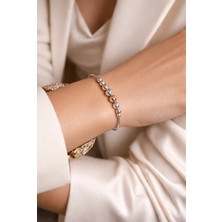 Miraç Gümüş Takı Atölyem 925 Ayar Gümüş Rose ve Gümüş Boncuk Detaylı Kelepçe Bileklik – Işıltılı, Zarif ve Lüks Tasarım