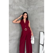 Neşeli Butik Kadın Bordo Gömlek Yaka Düğme Detaylı Maxi Tulum NBK061